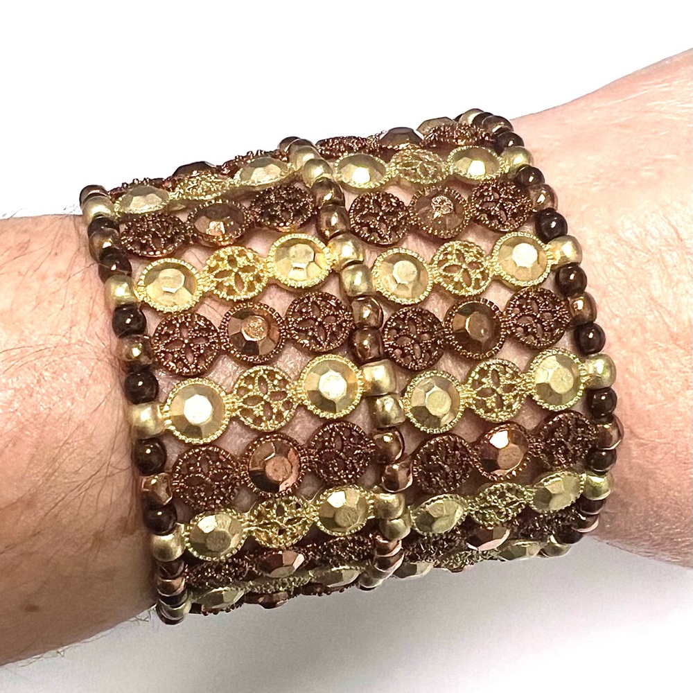 Copper & Gold Tone Stretch Cuff Bracelet Filigree Flowers Small Beads Medallions